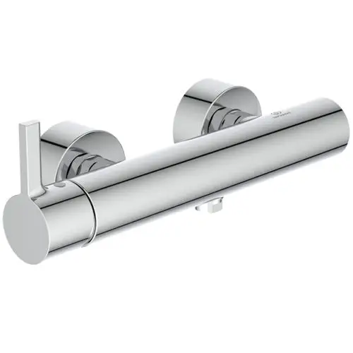 Chromene Brausearmatur von Ideal Standard mit seitlichem Hebel zur Temperaturregelung und zwei runden Montageplatten.